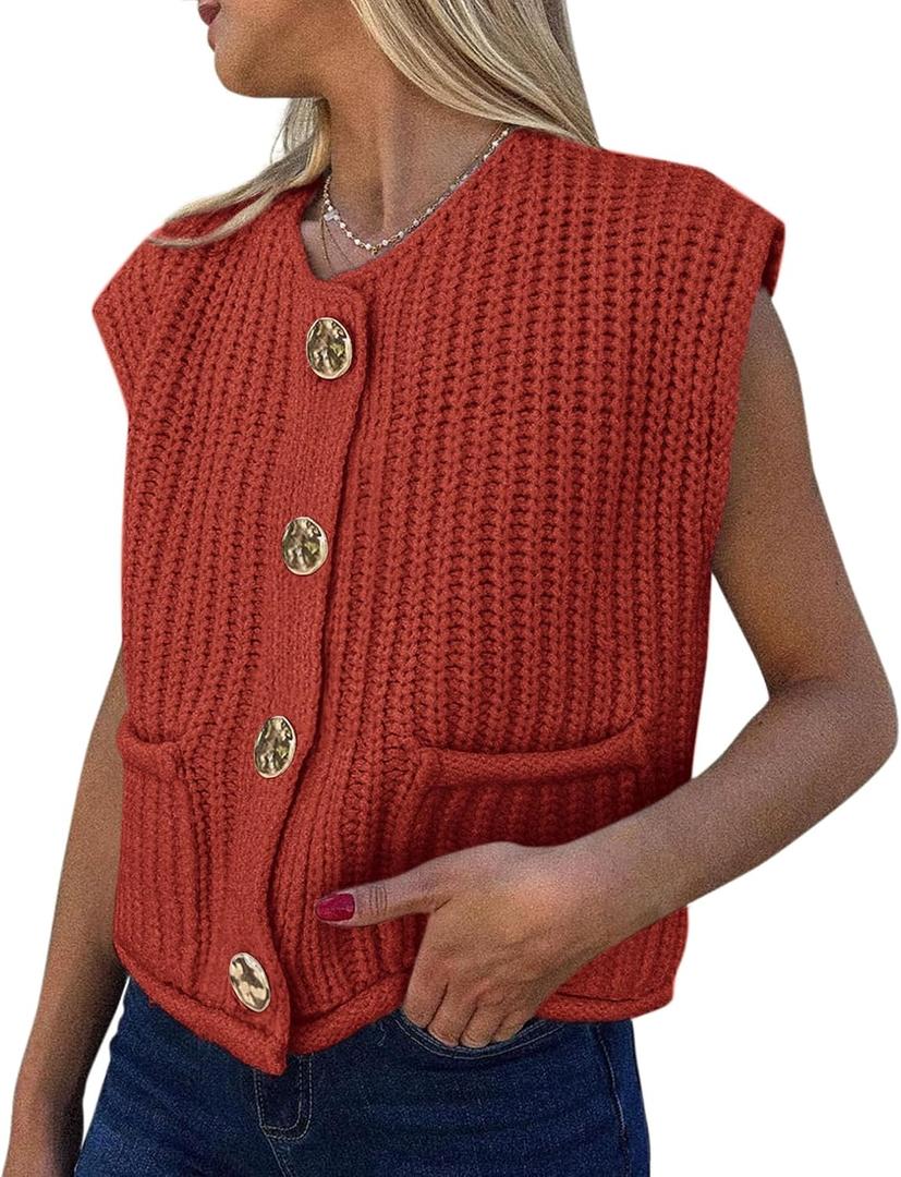 PRETTYGARDEN Women's Summer Sweaters Vest 2025 Sleeveless Button Down Cropped Pockets Chunky Knit Cardigan Trendy Tank Tops (M)