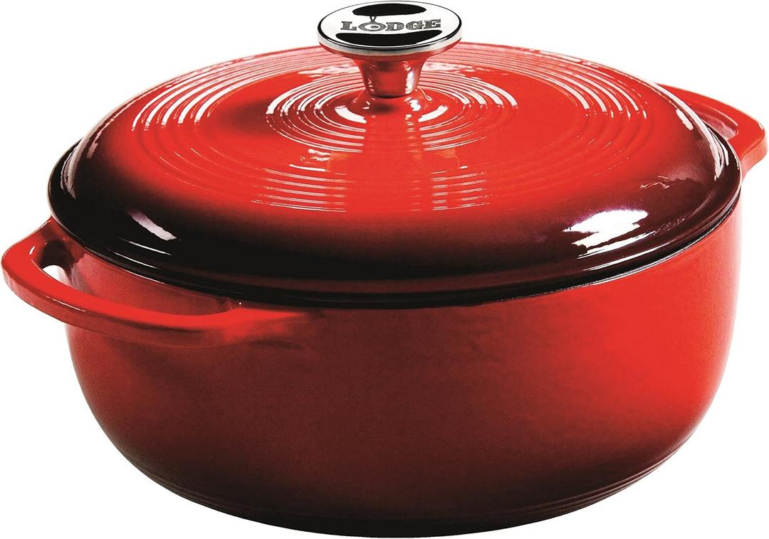 Lodge 4.5 Quart Enameled Cast Iron Dutch Oven with Lid  Dual Handles  Oven Safe up to 500 F or on Stovetop - Use to Marinate, Cook, Bake, Refrigerate and Serve  Island Spice Red