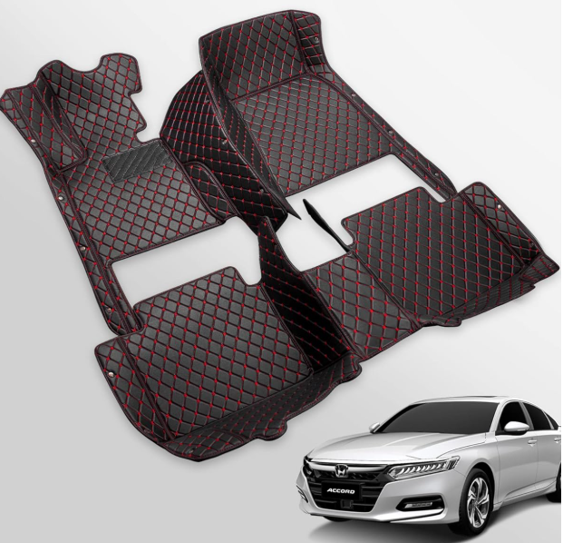 Castlerock Leather Car Floor Mats for Honda Accord 2018-2024 All Surround Custom Fit Accord Floor Liner(Full Set-Red Seam) 
