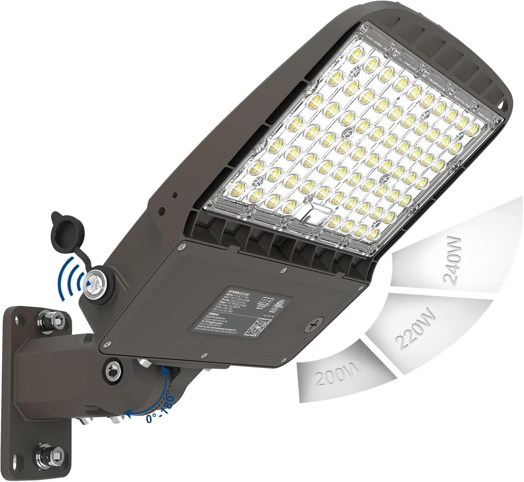 HiBay MAX. 240W Parking Lot Lighting, Dusk to Dawn LED Flood Light Outdoor, 5000K 38400LM (160LM/W), Wall Pole Mount Shoebox Lights with Adjustable Arm for Yard Street Roadway, ETL Listed