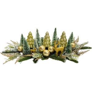 Lighted Christmas Table Centerpiece with Timer Golden Christmas Tree Frosted Pine Trees Glitter Christmas Deer Reindeers Figurine Snow Flocked Cedar Branches for Dining Table Holiday Party Home Mantel