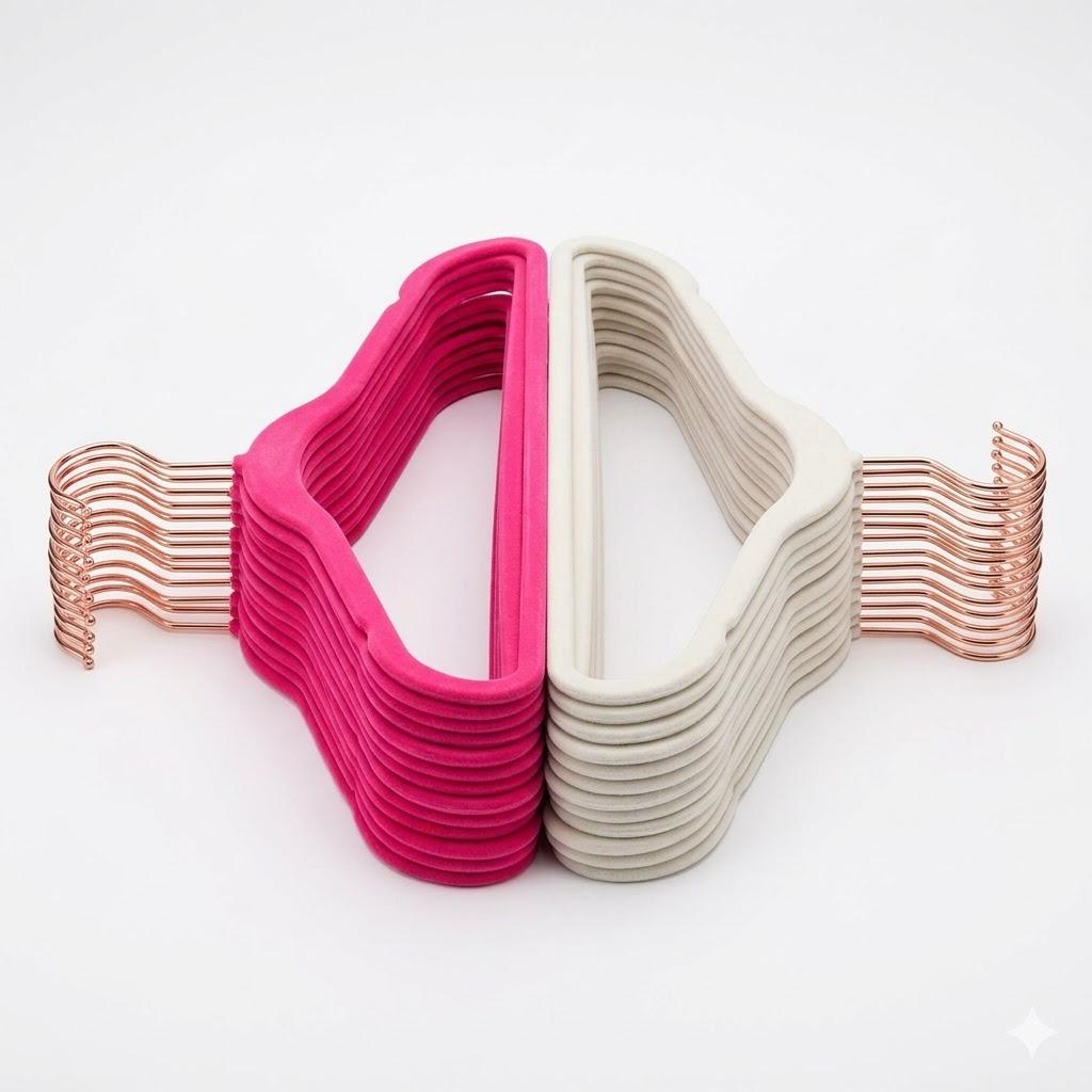 Premium Velvet Hangers Pack 50 Pcs Heavy Duty - Non Slip Slimline - Velvet Suit Hangers Hooks, Space Saving Clothes Hangers, White And Pink 