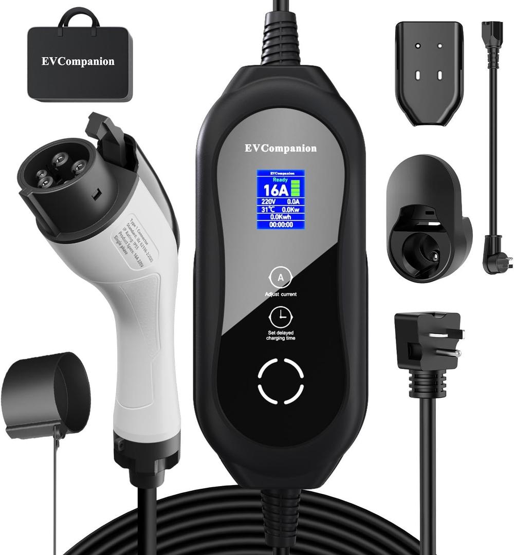 Level 1-2 EV Charger (16 Amp 110-240V 25ft Cable), Portable Electric Vehicle Charger with NEMA 6-20 Plug NEMA 5-15 Adapter,Plug-in Home EV Charging Station for SAE J1772 Evs