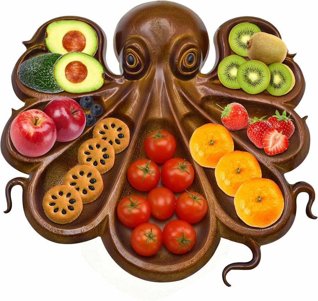 Octopus Charcuterie Board, Unique Tentacle Kraken Design Wood Serving Tray, Novelty Ocean Theme Platter for Cheese, Meats, Fruit, Bread, Snack (13.5x12.5 inch)