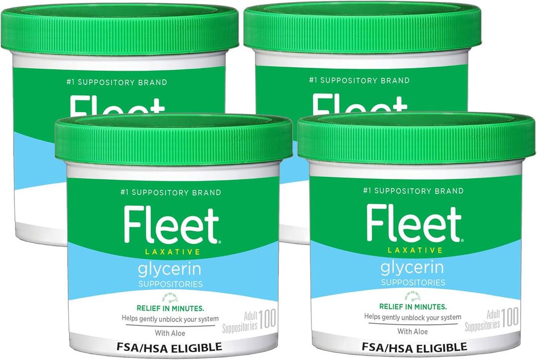 Fleet Glycerin Suppositories for Constipation Relief, Fast and Effective Stimulant-Free Laxative with Aloe Vera, 100 Count Jar, Pack of 4