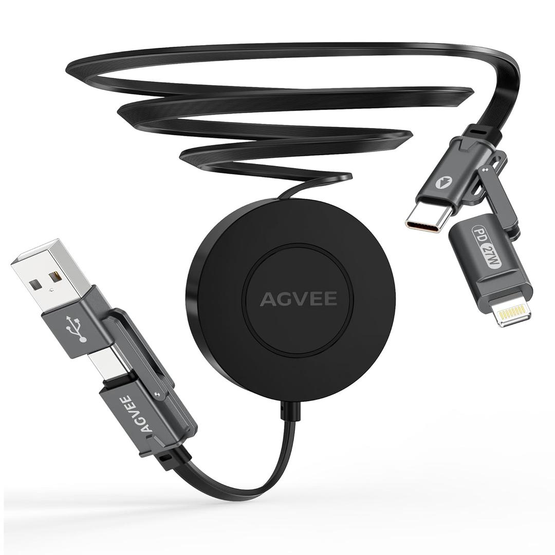 AGVEE 0.3ft Fixed / 2.3ft Extend 4 in 1 Multi USB Charger Cable Mountable One Way Retractable 60W Fast Charging Cord, Pocket-Sized for iPhone 16 15 14 13 12 11, Samsung, Android, Desk Organizer, Black