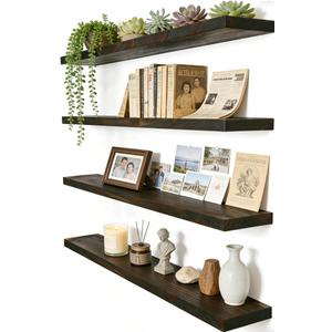 Brown Wood Floating Shelves For Wall Shelves For Bedroom, 24 Inch Set Of 4