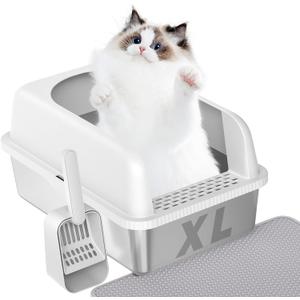 Prodigen Extra Large Stainless Steel Cat Litter Box with Lid High Wall Sides Enclosure, Non-Sticky, Anti-Leakage, Easy Cleaningwith Cat Mat & Metal Scoop, 24" L x 16" W x 12" H