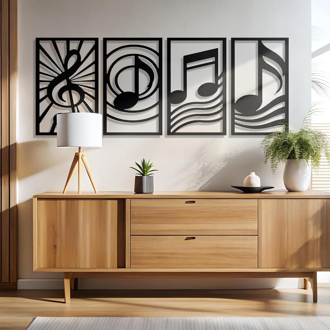 GALLERY GRACE 4-Pc Music Notes Metal Wall Art, Black Wall Decor Set | 11 x 16 In Metal Panels, Music Notes Wall Decor, Minimalist Style, Ready to Hang, for Living Room, Office, Studio or Bedroom