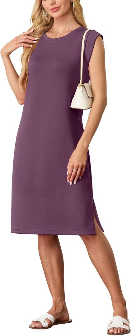 GRECERELLE 2025 Women Summer Round Neck Casual Loose Split Wrinkle-Free Midi Dress with Pockets (XS-3XL) (XX-Large, Rosewood)