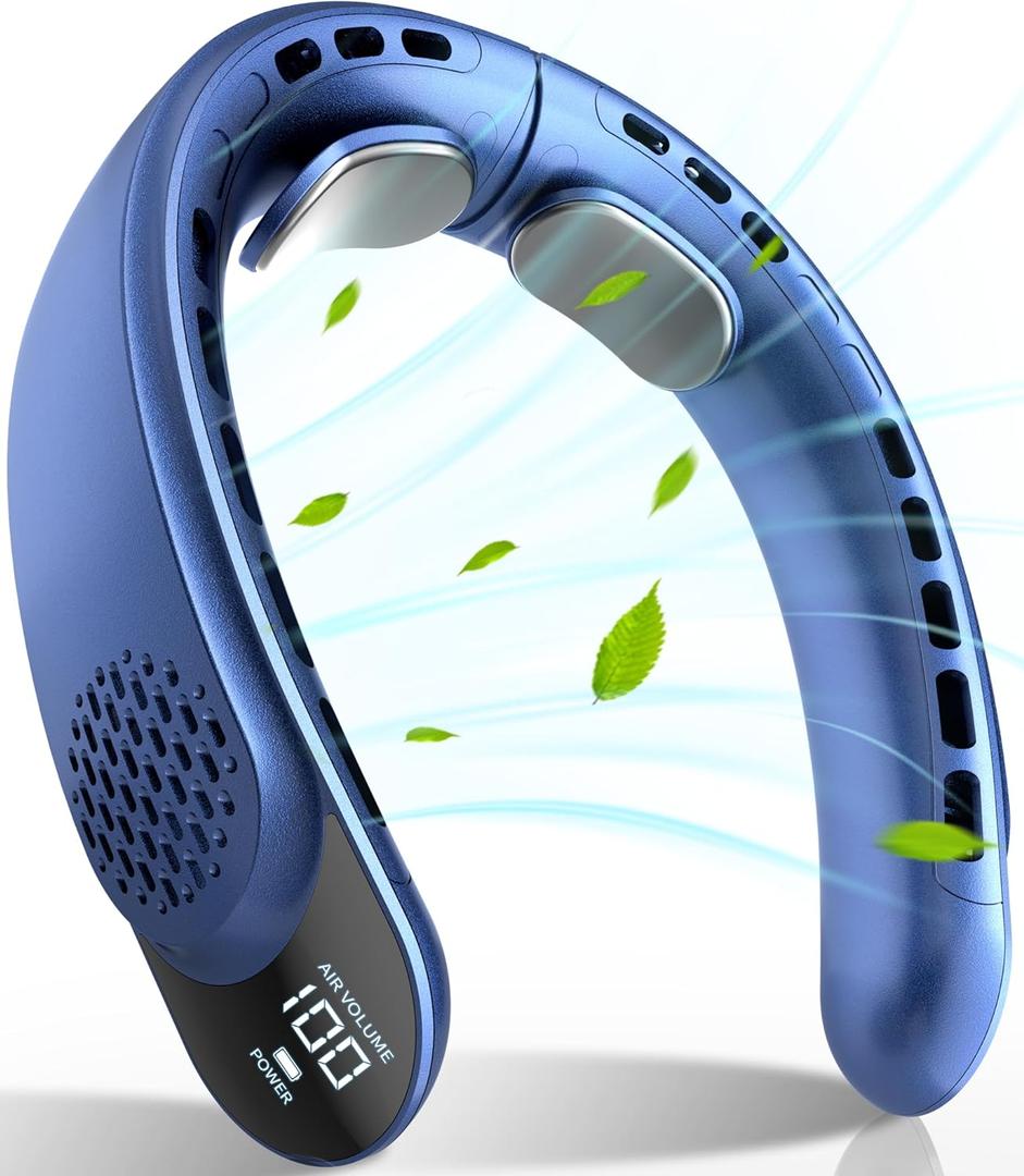 FrSara Rechargeable Neck Fan, Personal Fan with LED Display, 3 Speeds with 4000mAh Battery Powered, Supports USB TYPE-C, Portable, Ideal & Quiet for Women, Men Travel, Outdoor, Blue