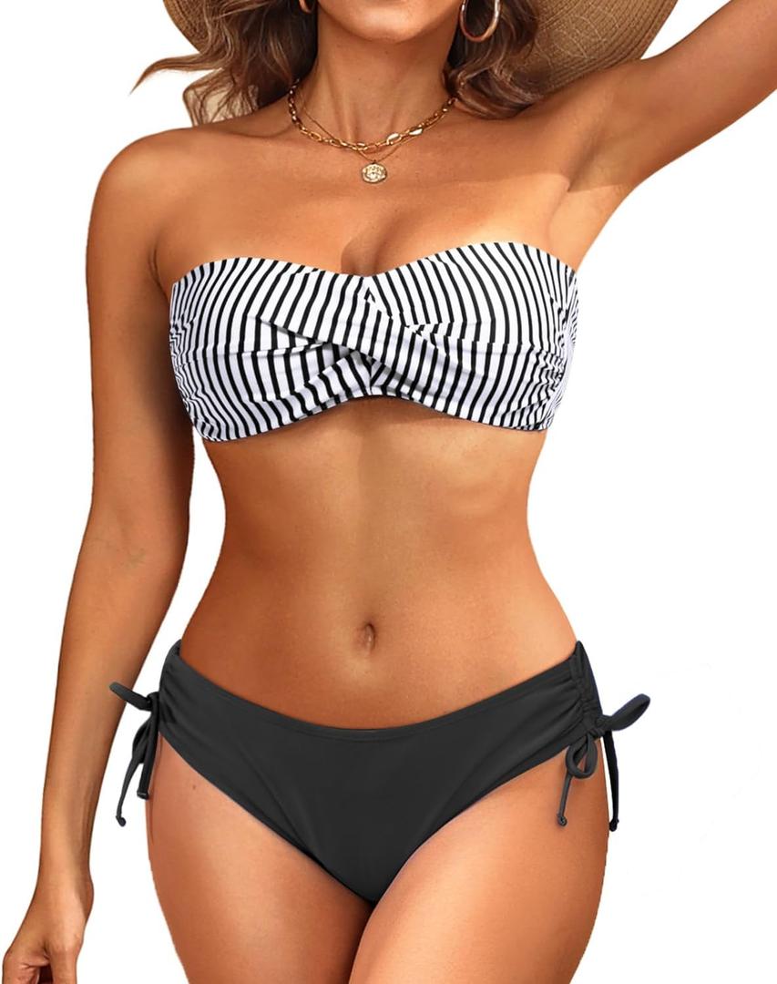 Women's Strapless Bandeau Bikini Set - Twist Front Two Piece Swimsuit Top with Side Tie Bathing Suit Bottom XS