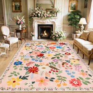 Area Rug 9x12 Living Room: Floral Washable Boho Soft Carpet Beige