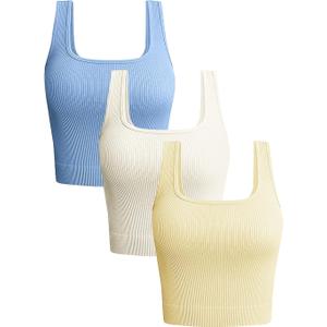 OLCHEE Womens 3 Pack Crop Tank Tops Basic Seamless Ribbed Sleeveless Square Neck Workout Top Summer Exercise Yoga Gym Shirts (Small, Blue + Beige + Yellow)
