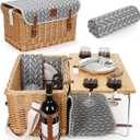 WILLOW WEAVE Luxury Picnic Basket, Wicker Picnic Basket Set for 4, Picnic Basket with Blanket & Portable Table for Camping and Outdoor Party - Gray