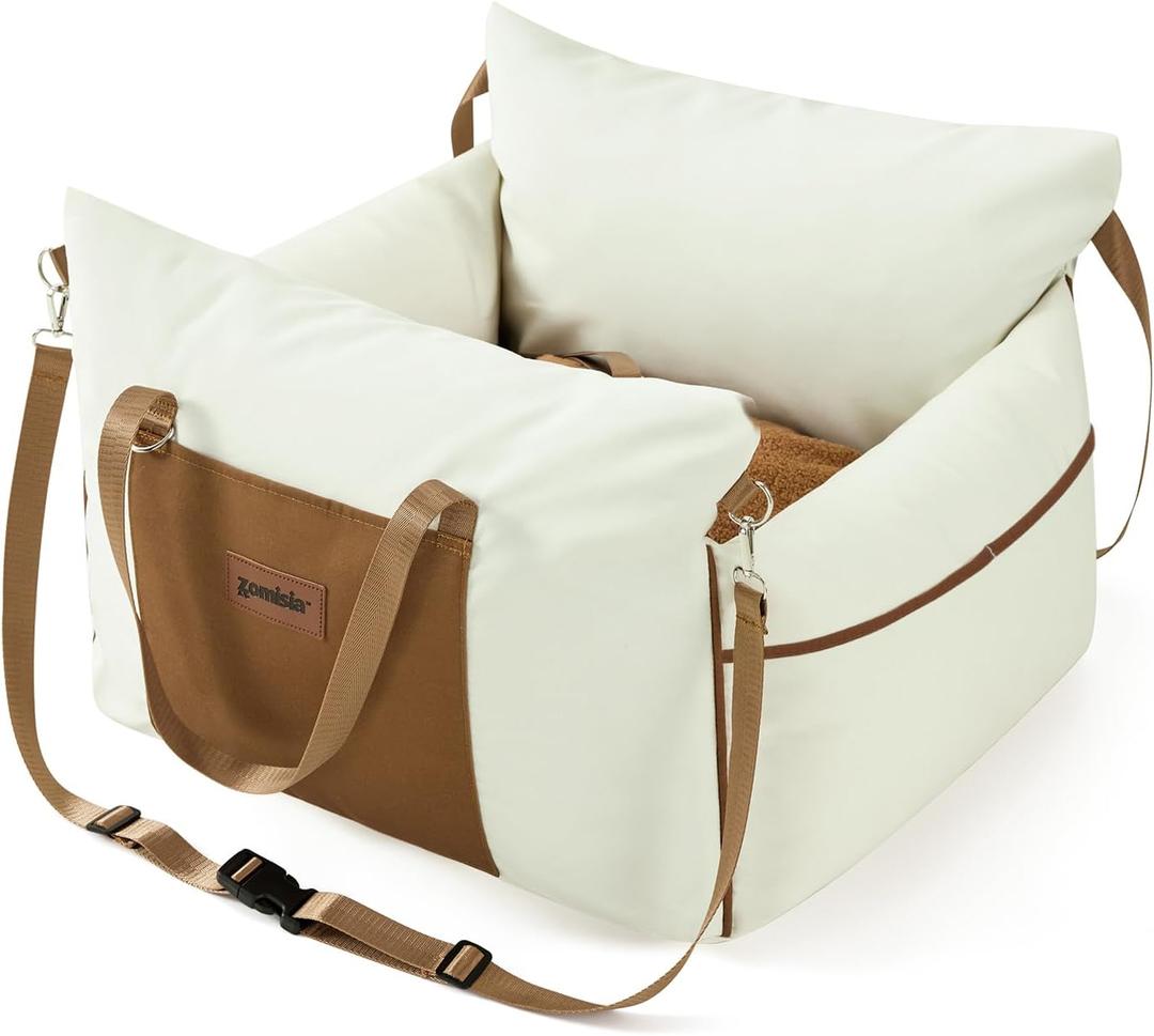 Dog Car Seat for Small Dogs - Waterproof Pet Booster Seat for Car with Clip-On Safety Leash, Soft Travel Carrier for Puppy up to 25 lbs, Memory Foam Filling and 2 Adjustable Buckles, Beige