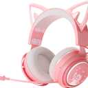 Wireless Cat Ear Headphones, Pink Gaming Headset Bluetooth 5.0 for Smartphone, Retractable Mic, 50mm Drivers, RGB Lighting Headset with Mic (USB Dongle Not Included)