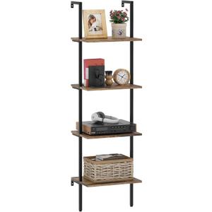 Ladder Shelf 4 Tiers Metal Industrial Bookshelf,Brown Wood Tall Open Storage Rack and Display Shelves,Wall Mount Wide Book Case for Home Office Bedroom,Small (1 PC 15.7IN)