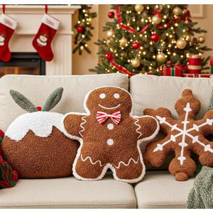 Chunful 3 Pcs Christmas Gingerbread Pillows Gingerbread Men Snowflake Pudding Shaped Plush Throw Pillows Cute Christmas Decoration for Xmas Winter Holiday Party Sofa Bed Couch Cushion Home Decor Gift