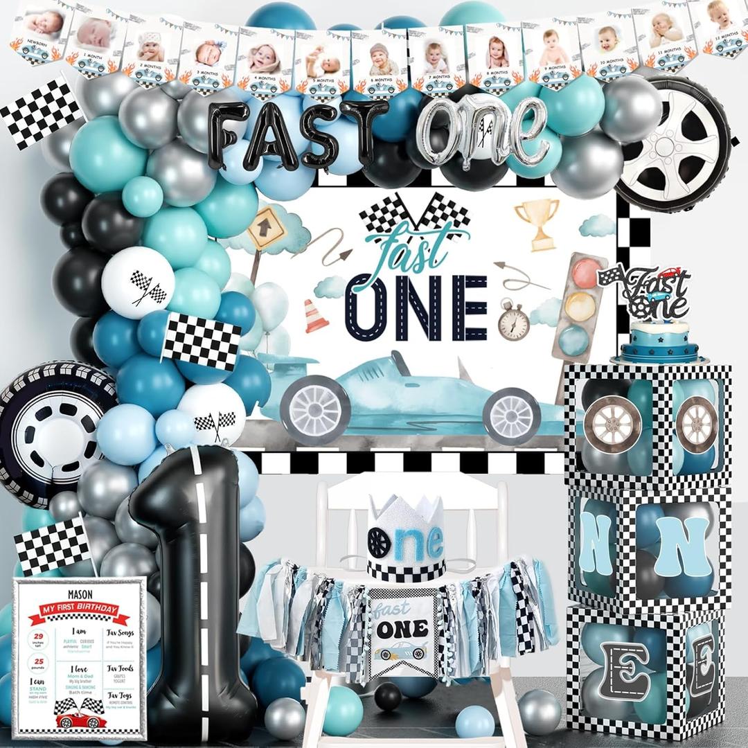 Birthday Decorations for Boys, Birthday Decorations Boy, Vintage Car Themed Backdrop Balloon Banner Boxes Crown Poster for Retro Blue First Party Supplies