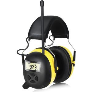 BJKing AM/FM Radio Headphones with Digital Display, 30dB AM FM Hearing Protection Safety Ear Muff, Ear Protection Headphone for Mowing, Landscaping, Shooting and Construction Black-Yellow