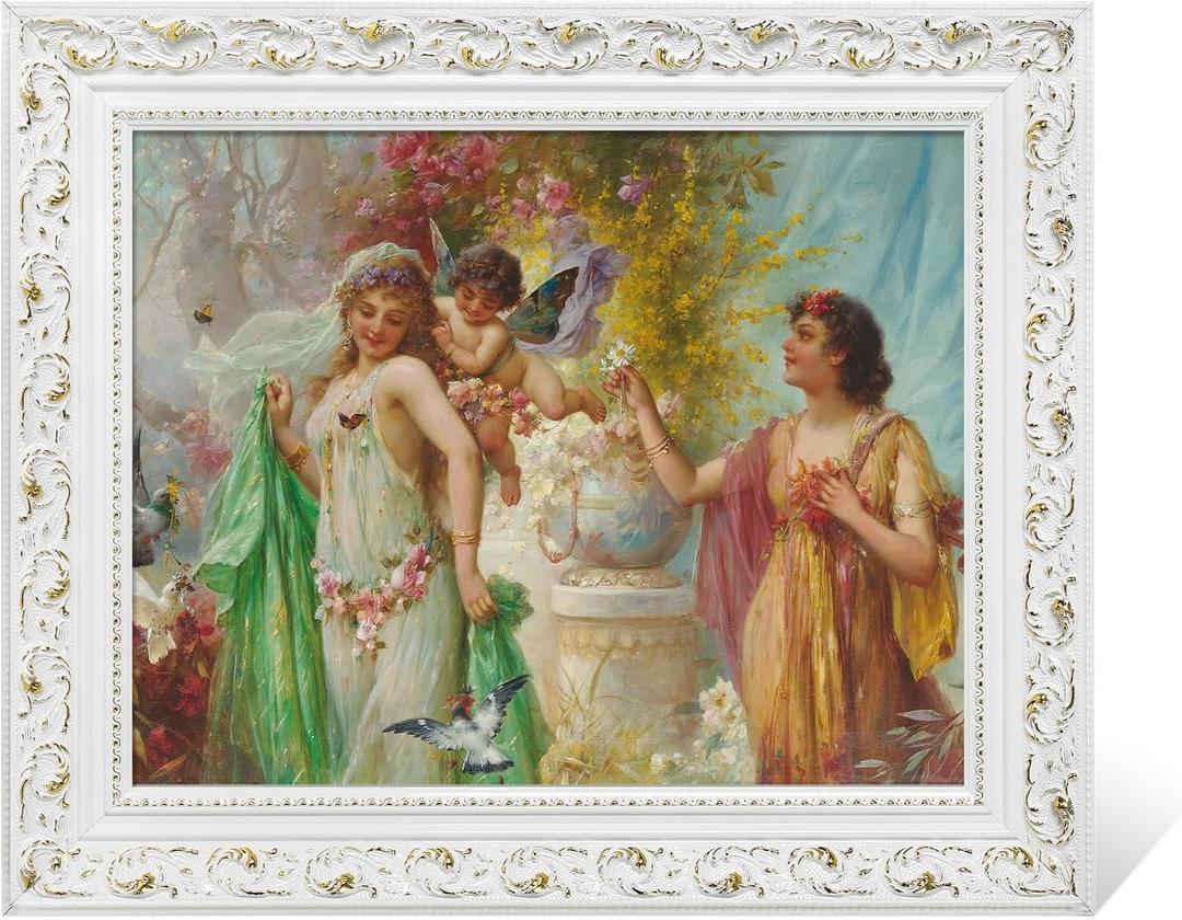 DIY Wood Frame for 20x24 Stretched Canvas Paintings, Retro White Ornate Picture Frame for Vintage Wall Art Prints, No Backboard & Cover, Open Back Canvas Frame for Living Room Decoration