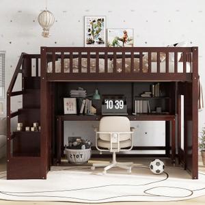 KEIKI Full Size Loft Bed with Movable Desk, Storage Shelf, Storage Stairs, Wood Bedframe, Espresso