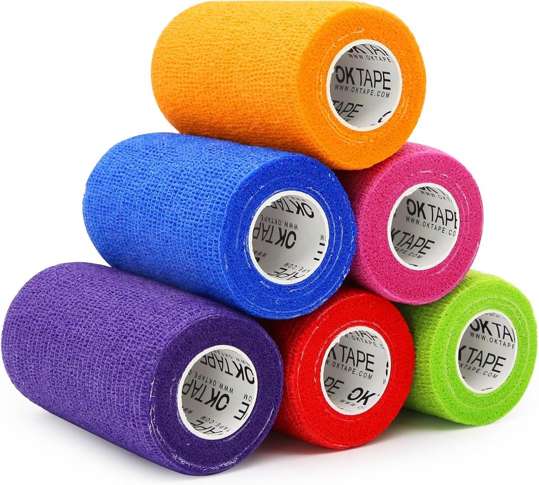 OK TAPE Self Adherent Cohesive Bandages Wrap - 6 Packs, 4" x 5 Yards, Non-Woven Self Adhesive Bandage Wrap for Thumb, Finger, Wrist, Ankle, Vet Wrap Bandages Tape (Mixed Colors)