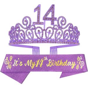 MEANT2TOBE 14th Birthday Sash and Tiara for Girls - Fabulous Set: Glitter Sash + Ripples Rhinestone Purple Premium Metal Tiara, 14th Birthday Gifts for Teenegers Party