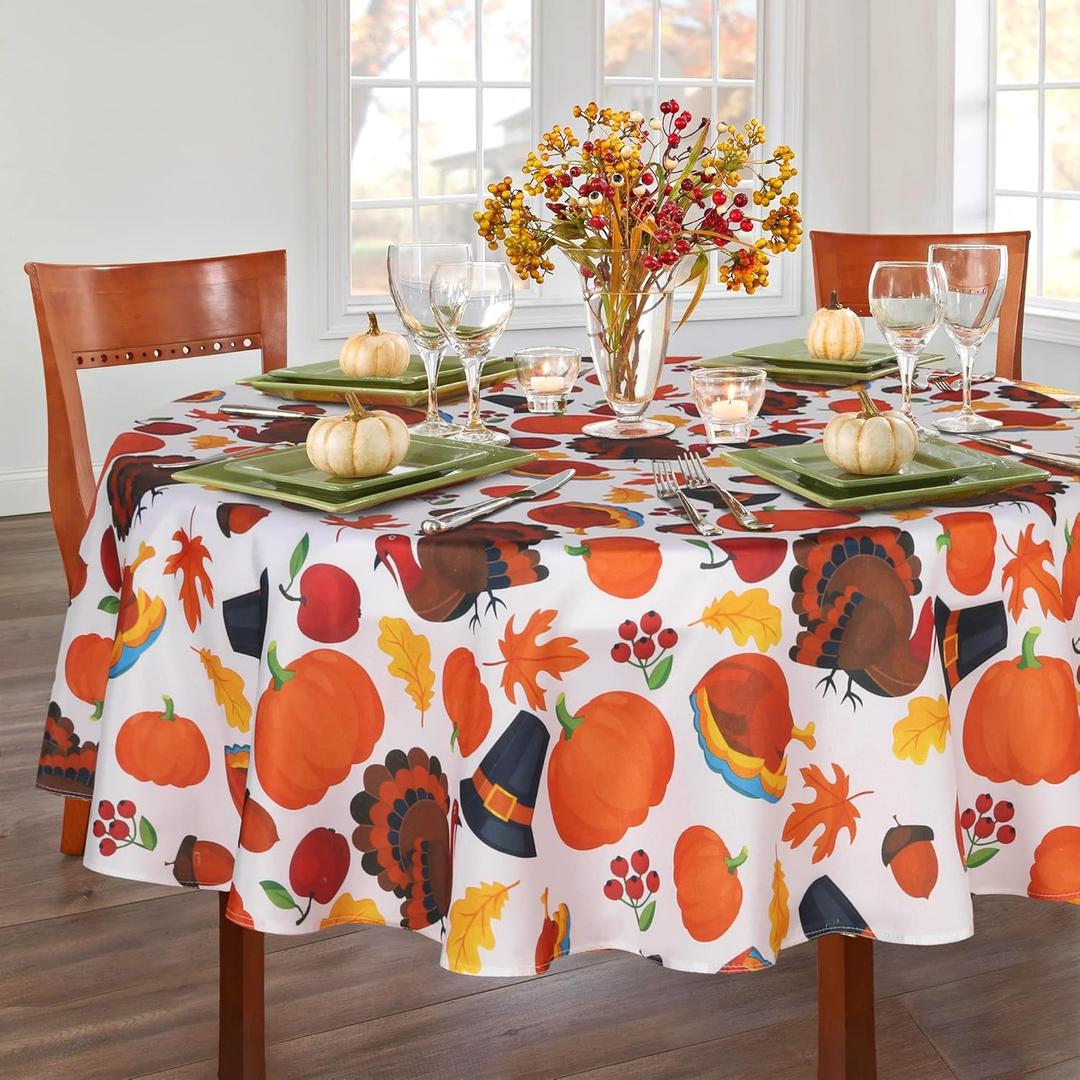 LUSHVIDA Fall Tablecloth Round Tablecloth Pumpkin & Turkey 60 inch - Washable Wrinkle Resistant Thanksgiving Table Cover for Harvest and Fall Dinner Parties Holiday Tablecloths 130GSM