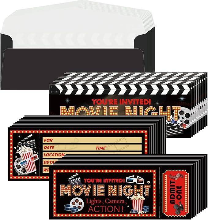 Woanger 50 Pieces Movie Party Invitations with Envelopes Movies Night Invitations 25 Film Tickets 25 Envelopes for Birthday Baby Shower Film Night Red Carpet Party(Movie)