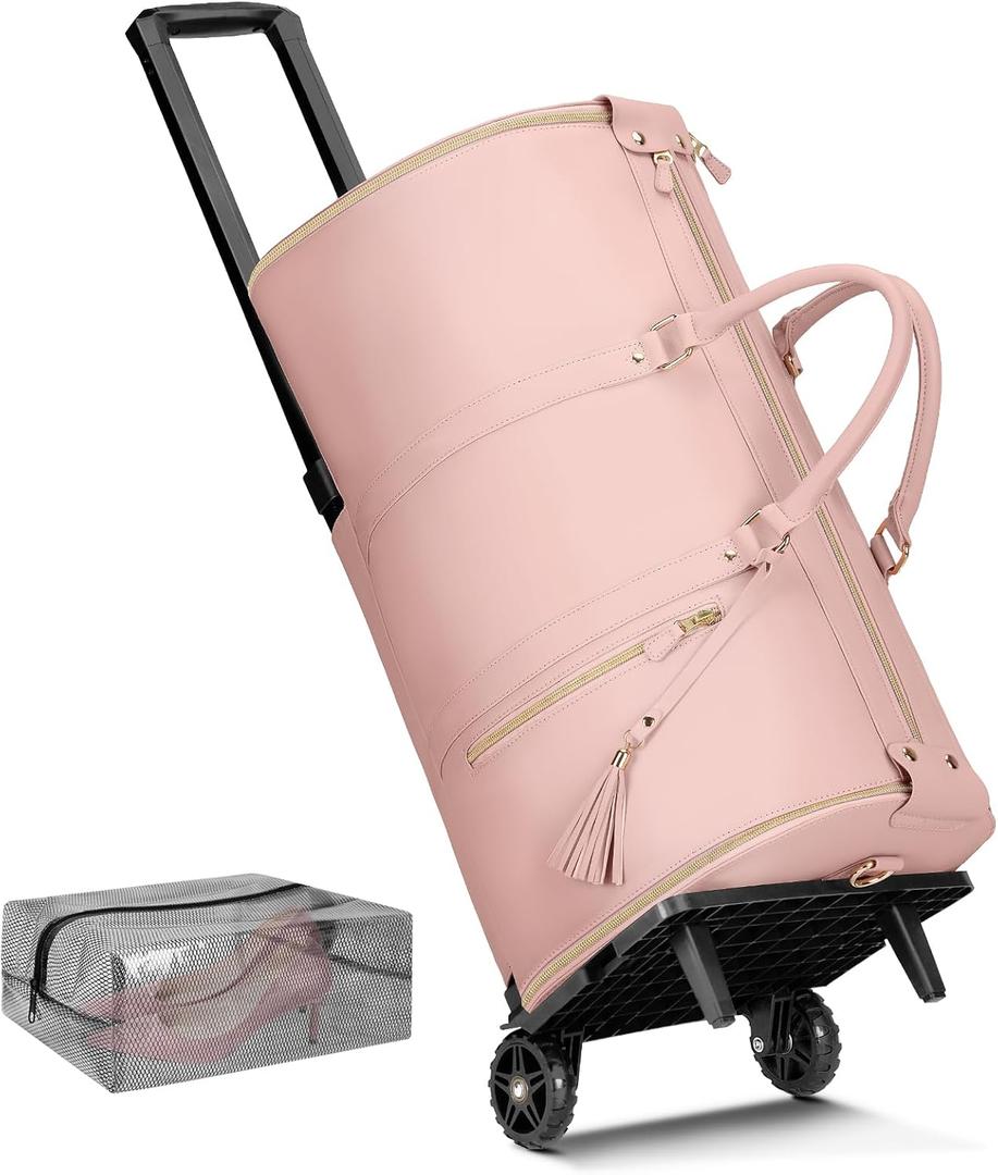 Ytonet Rolling Garment Bags for Travel, Convertible Carry On PU Leather Travel Bag 2.0 Roller Edition, 3 in 1 Suit Garment Duffle Bag with Wheels and Shoe Pouch for Business Wedding Overnight, Pink