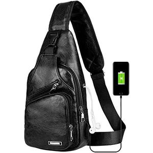 Peicees Leather Sling Bag Mens Crossbody Bag Chest Bag Sling Backpack for Men with USB Charge Port