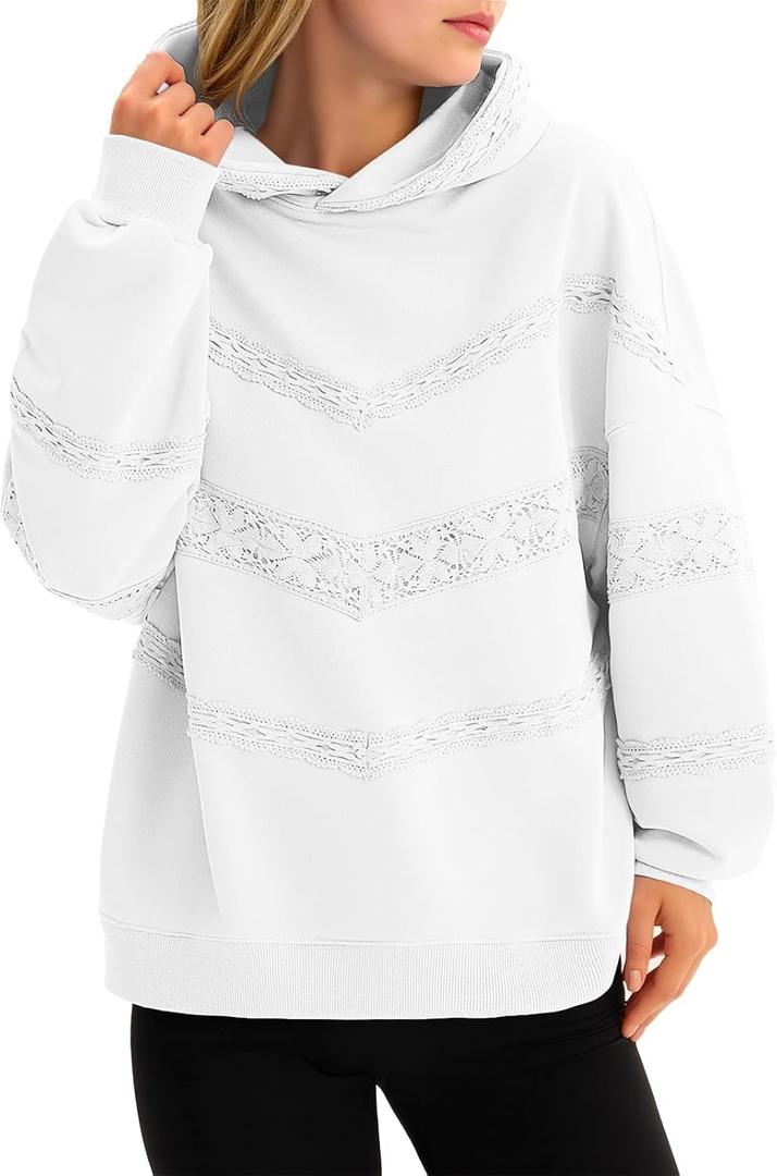Fisoew Womens Oversized Hoodies Fall Long Sleeve Sweatshirts Casual Loose Lace Y2K Cute Pullover Tops (Small, White)