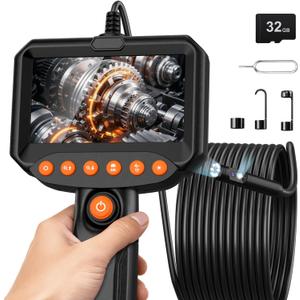 Dual Lens Endoscope Camera with Light, 1920P HD Industrial Borescope with 4.3" LCD, IP67 Waterproof Inspection Camera, 16.4FT Semi-Rigid Cable, 8 LED Lights 32GB Card, for Sewer Pipe Car Repair(Black)