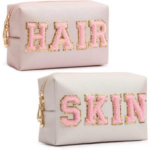 HBselect Preppy Makeup Bag 2 Pcs Travel Toiletry Bag Chenille Letter Patch Makeup Bag Portable Cosmetic Bag for Women PU Leather Waterproof Organizer Make up Bag for Women Girls (Hair Skin) (Shell Gold, Golden Pink)