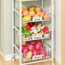 Giwil Vegetable Fruit Basket for Kitchen Pantry Organizers Storage, 4-Tier Utility Rolling Cart on Wheels with Wood Top and Drawer Wire Baskets for Onions Potatoes Snacks, White