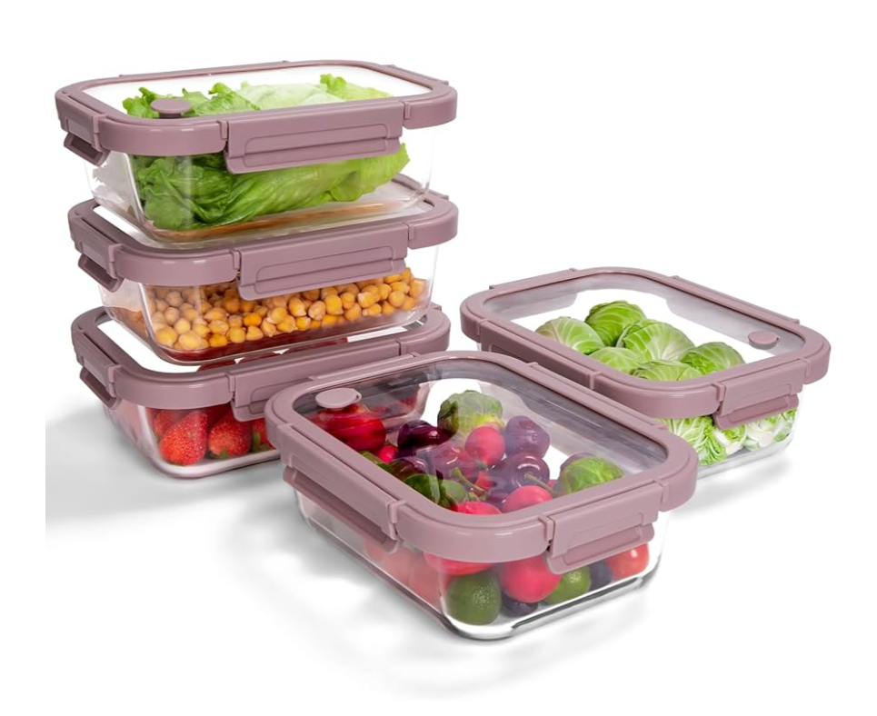 BOROHOUSE 5-Pack Borosilicate Glass Containers with Tempered Lids, 35.2oz/4.4 Cup Airtight Meal Prep Set, Microwave/Freezer Safe (Pink)