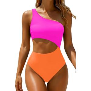 Women's One Piece Swimsuit- One Shoulder Bathing Suit Cutout Tummy Control Swimwear (X-Large, Pink Orange)