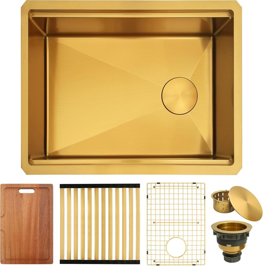 Undermount Kitchen Sink Gold,Single Bowl Workstation Kitchen Sinks,16 gauge Stainless Steel Undermount Sink (23" X 18")