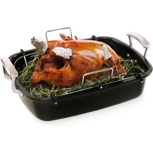 Uukrave Turkey Roasting Pan with Rack (U-Shaped), Extra Large 18.5 x 14.6 Inch Nonstick Roaster Pan for 25 lb Turkey or Chicken, Deep Oven Tray with Wide Handles, Heavy Duty Steel, Nontoxic