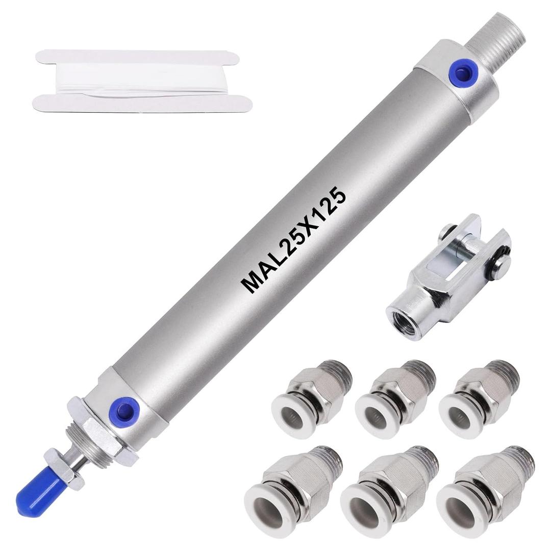 Pneumatic Cylinder 25mm Bore 125mm Stroke Air Cylinder Double Action with Y Connector and 2Pcs Pneumatic Quick Fitting (MAL25x125)