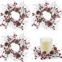4 Pcs Christmas Candle Rings 3.6 Inch Snowy Small Candle Wreaths with Pine Cones Christmas Candle Rings for Pillars Home Wedding Christmas Table Centerpiece