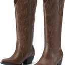Rollda Cowboy Boots for Women Cowgirl Boots Embroidered Knee-High Western Boots Pointy Toe with Chunky Heel (8, Bronze)