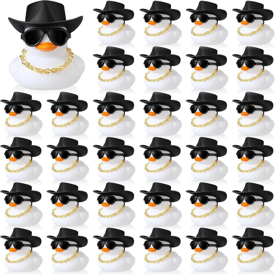 Sotiff 48 Sets Rubber Duck Squeaky Duck Party Duckies Car Dashboard Decorations with Mini Necklace Hat and Sunglasses for Shower Birthday Swimming Party(White)