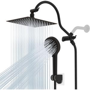 Hibbent All Metal Shower Head, 8'' High Pressure Rainfall Shower Head/Handheld Showerhead Combo with 12'' Adjustable Curved Shower Extension Arm, 10-Spray, 71'' Hose, Shower Holder, Oil Rubbed Bronze