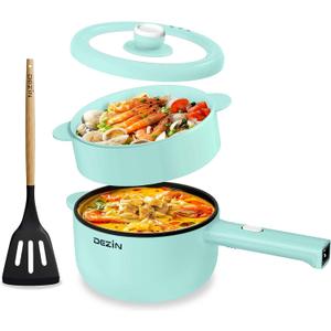 Dezin Electric Cooker, 2L Non-Stick Saut Pan, Rapid Noodles Cooker, Mini Pot for Steak, Egg, Fried Rice, Ramen, Oatmeal, Soup with Power Adjustment, College Dorm Room Essential (Round - G(Green/with Steamer))