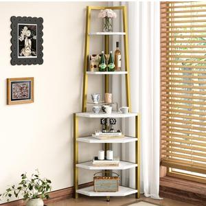 VECELO 6 Tier Corner Shelf 69 Inch Industrial Bookshelf with Metal Frame, Multipurpose Tall Plant Stand with Opening Display Shelves for Living Room, Bedroom, Home Office, Small Space, Gold