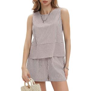 EXLURA Women's Summer 2 Piece Outfits Sleeveless Tank Top Matching Shorts Sets Cotton Striped Sweatsuits Vacation Beach 2025 (Coffee White), Small