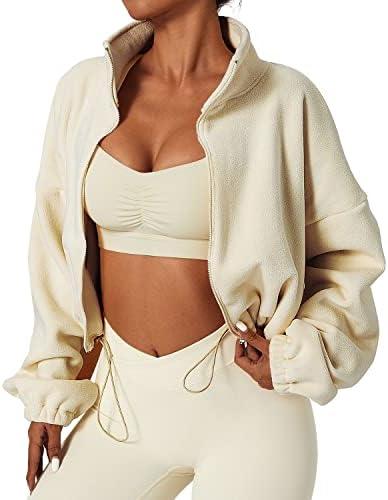 QINSEN Women's Full Zip Fleece Short Jacket Warm Winter Long Sleeve Stand Collar Sherpa Crop Coat M